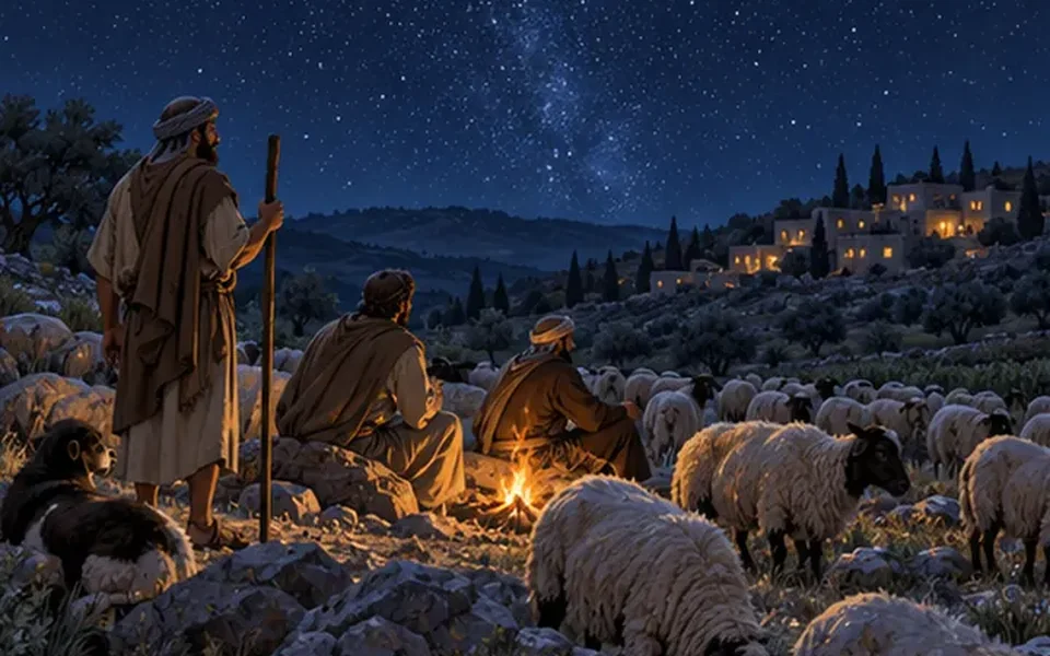 Shepherds keeping watch by a fire under the stars outside Bethlehem